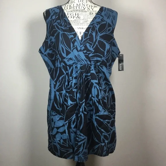 NWT A.n.a. 100% cotton sleeveless babydoll top black & blue exotic floral L - Picture 1 of 8